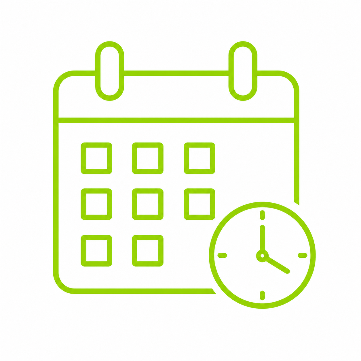 Green outline illustration of a calendar with a clock.
