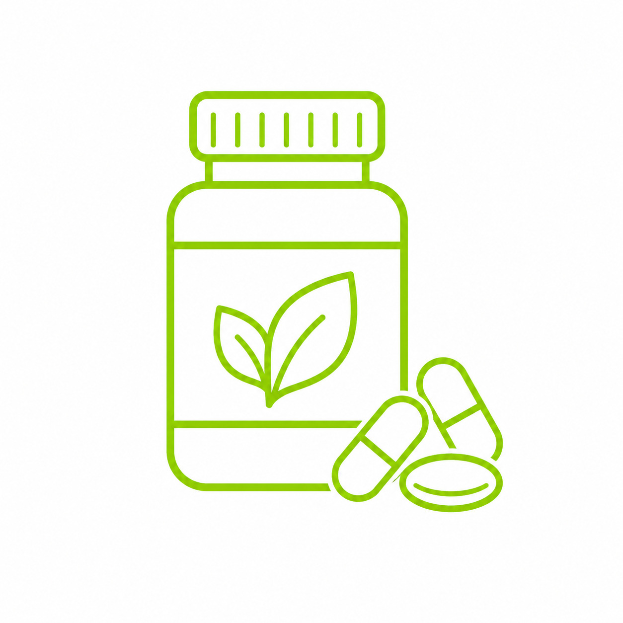 Line drawing of a vitamin jar with pills and capsules.