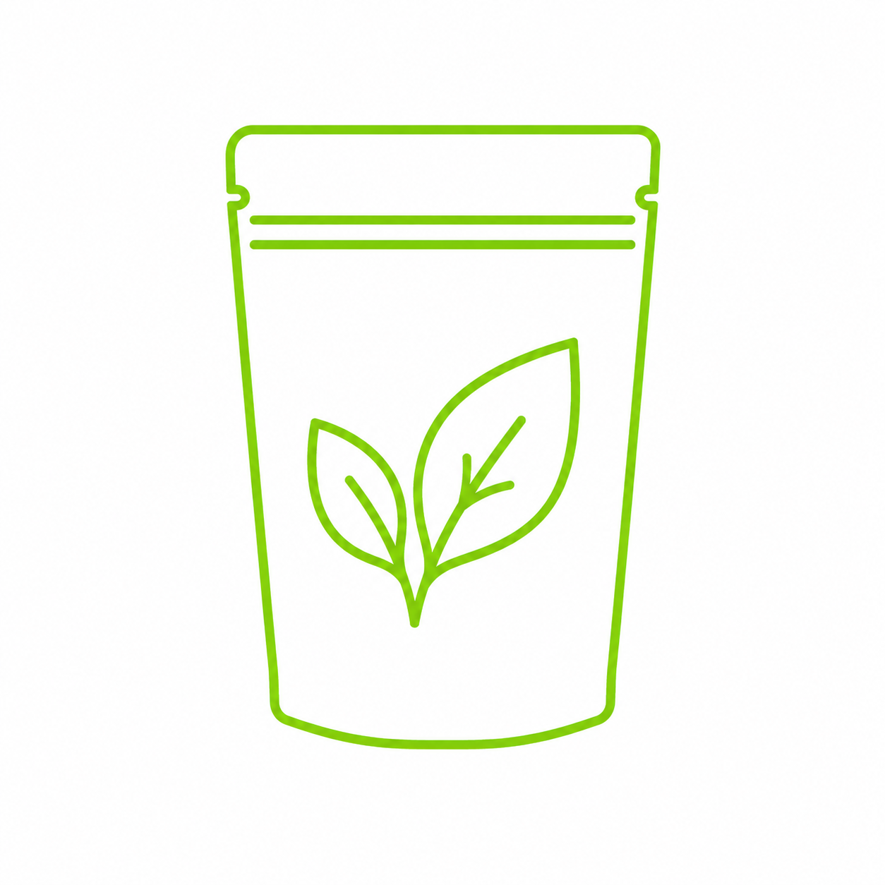 Outline of a green pouch with a leaf symbol.