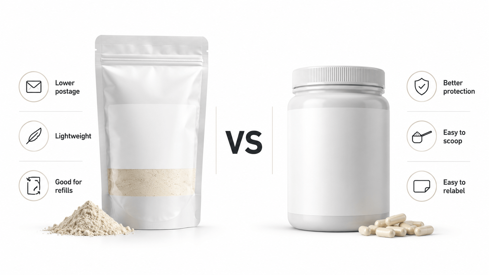 Comparison of supplement pouches and tubs, highlighting lower postage, lightweight, good for refills, better protection, easy to scoop, and easy to relabel.