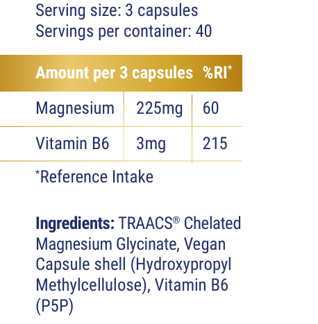 Supplement label showing RI% for a magnesium and vitamin B6 capsule supplement.