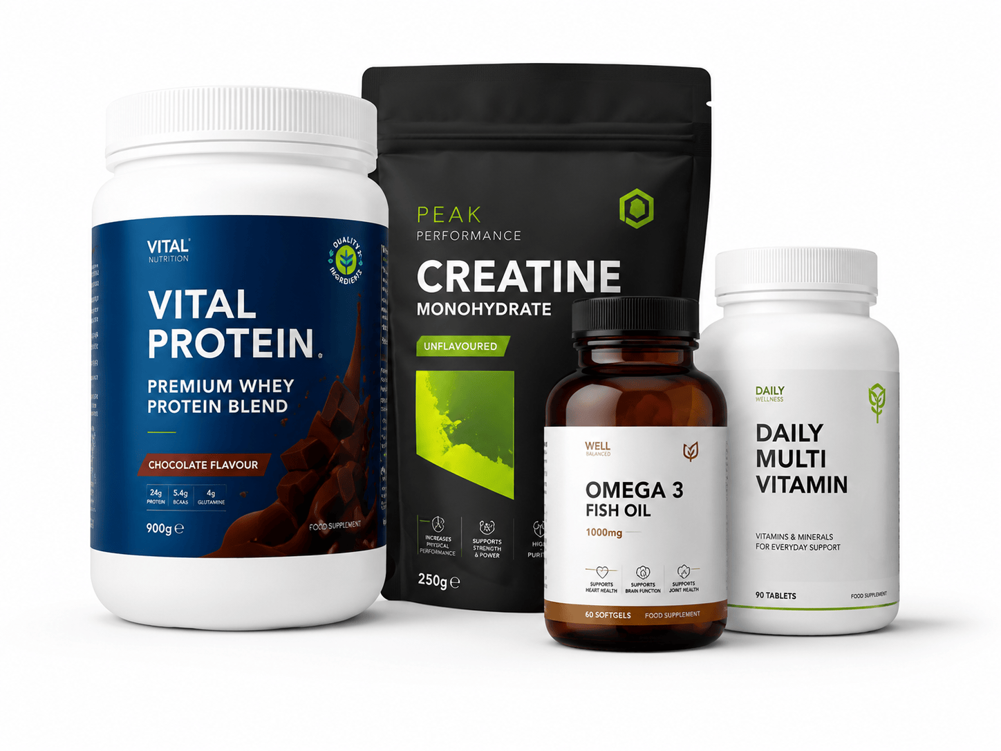 Collection of dietary supplements including a protein container, a creatine bag, an Omega 3 bottle and a daily multivitamin bottle.